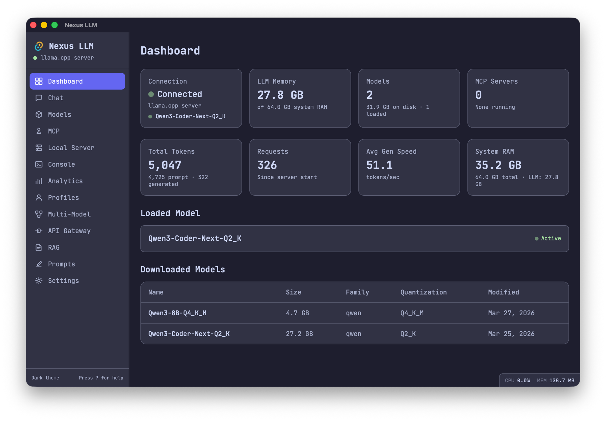 Loadcore Desktop local LLM manager — Dark theme dashboard showing model downloads and chat interface